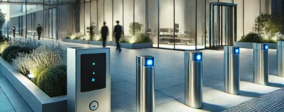 Modern building design with security features like cameras, barriers, and keycard access, highlighted by generic technology icons.