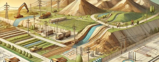 A detailed construction site landscape with zoning maps, utility planning, and construction vehicles, illustrating the complexities of land development.