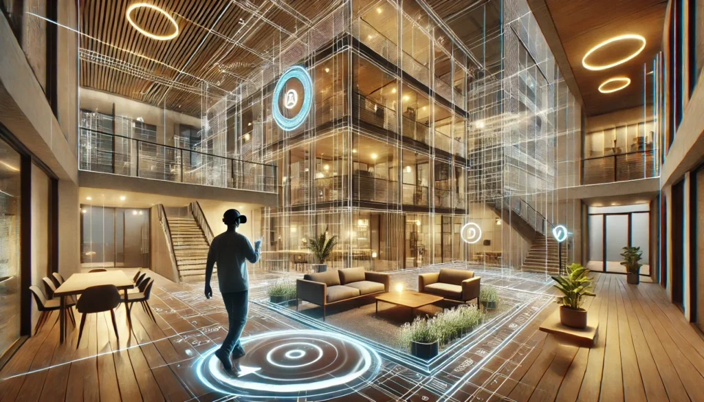 Person navigating a digitally rendered building interior using VR, showcasing an immersive architectural walkthrough experience with interactive digital overlays.