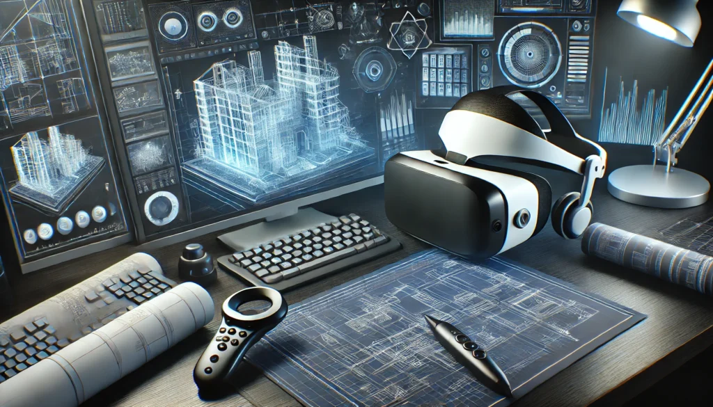 Close-up of VR headset, motion controllers, and a computer screen displaying a 3D architectural model in a high-tech workspace for architectural visualization.