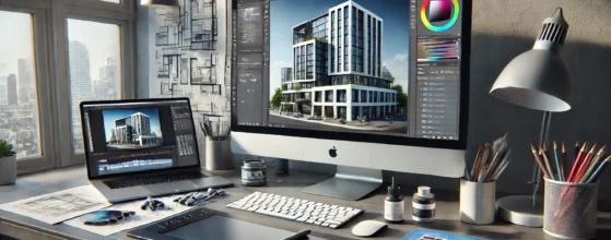 Digital workspace with a computer displaying a 3D architectural render being edited in Photoshop, surrounded by design tools like blueprints and a drawing tablet.