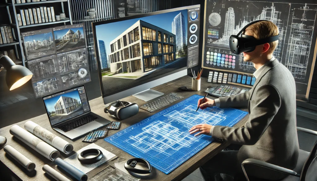 Architect using VR software to develop a 3D architectural model on a computer, with VR headset, controllers, and digital design tools on the desk.