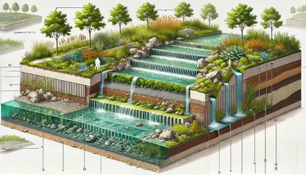 Cross-sectional diagram of a water management pond showing layers of soil, rocks, water, and plants designed for stormwater management.