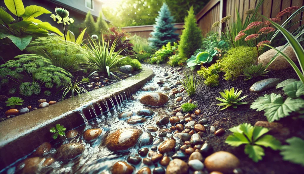 DSLR-style photo of a rain garden during rainfall, showing water trickling through rocks and soil with native plants filtering runoff.