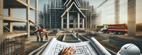 DSLR-style photo from a civil engineer's point of view on a church construction site, showing scaffolding, steel beams, and blueprints.