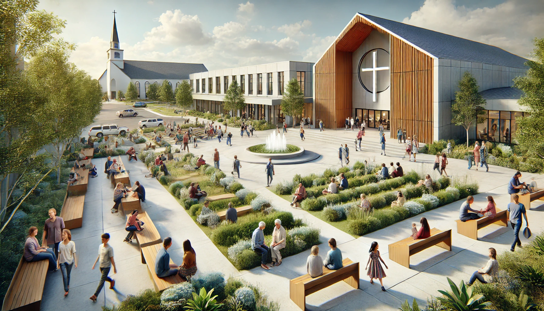 Community-centric church design with landscaped courtyard, open spaces, benches, walkways, and diverse people engaging in activities.