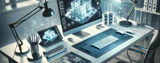 Architectural workspace featuring a computer displaying a 3D building model with digital tools like a tablet and blueprints on a desk.