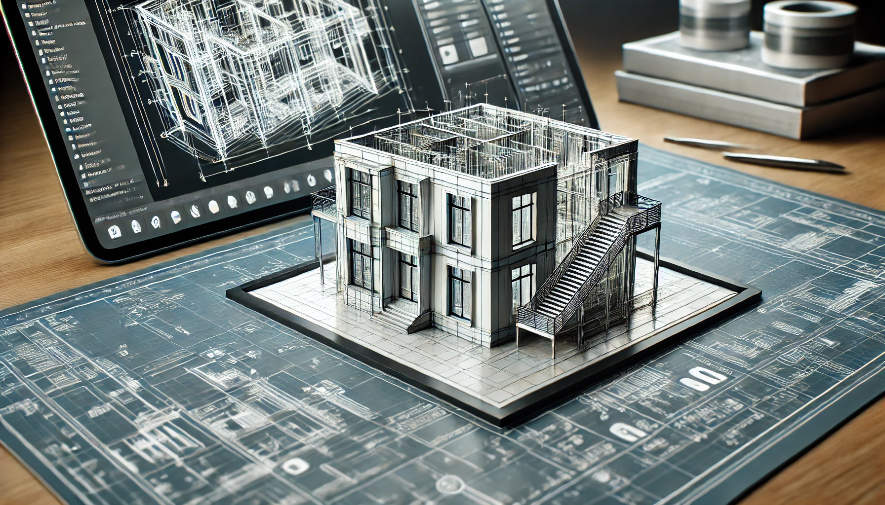 3D architectural model displayed within a BIM software interface, showing detailed building elements like walls, windows, and structural beams.