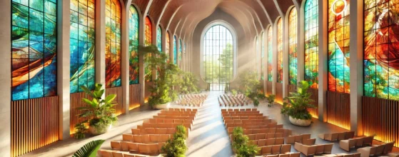 A realistic DSLR-style photo of a serene community worship space with colorful stained glass windows, open seating, and natural elements.