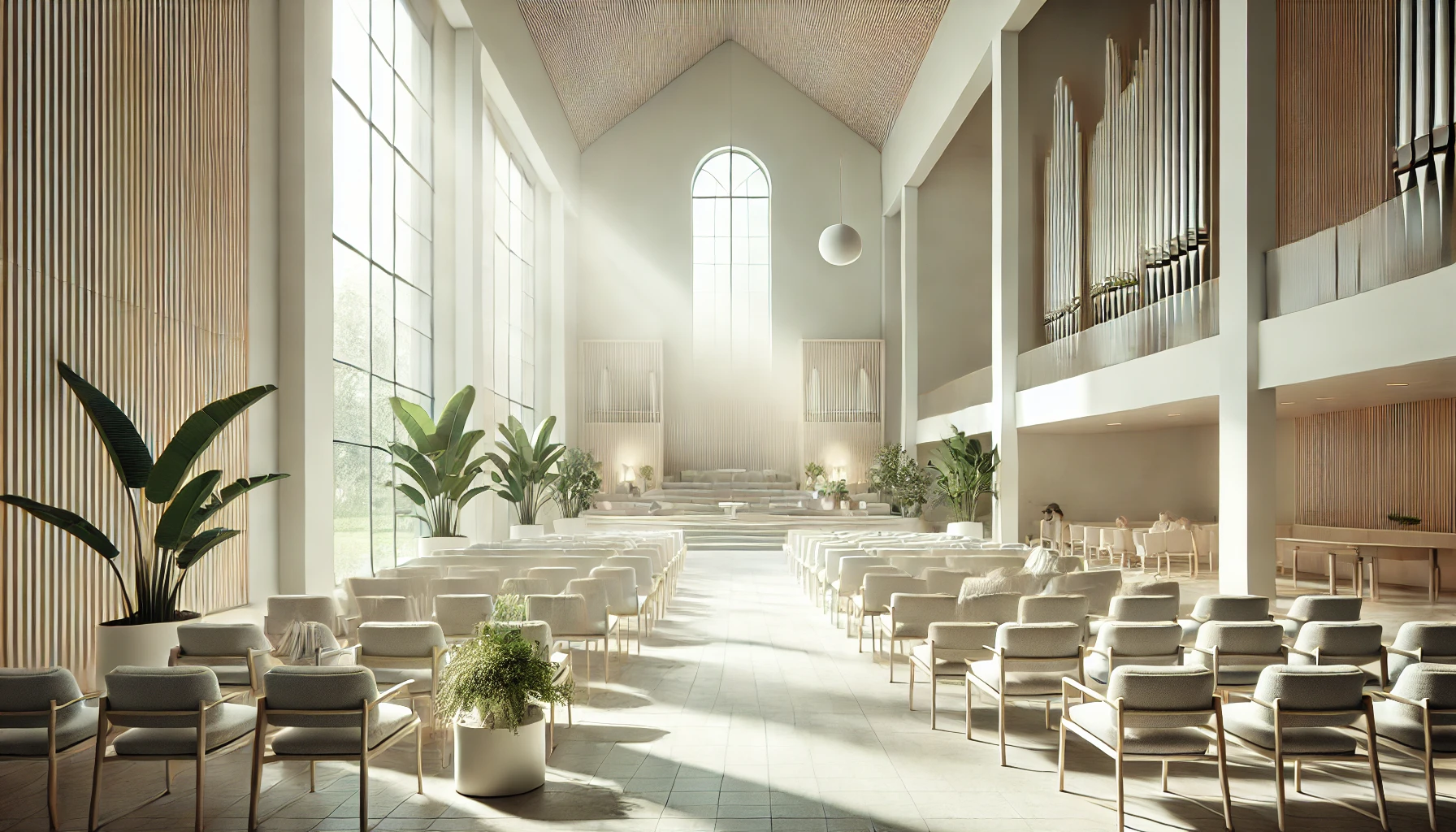 Bright and minimalistic worship area with natural light, large windows, comfortable seating, and green plants creating a calming atmosphere.