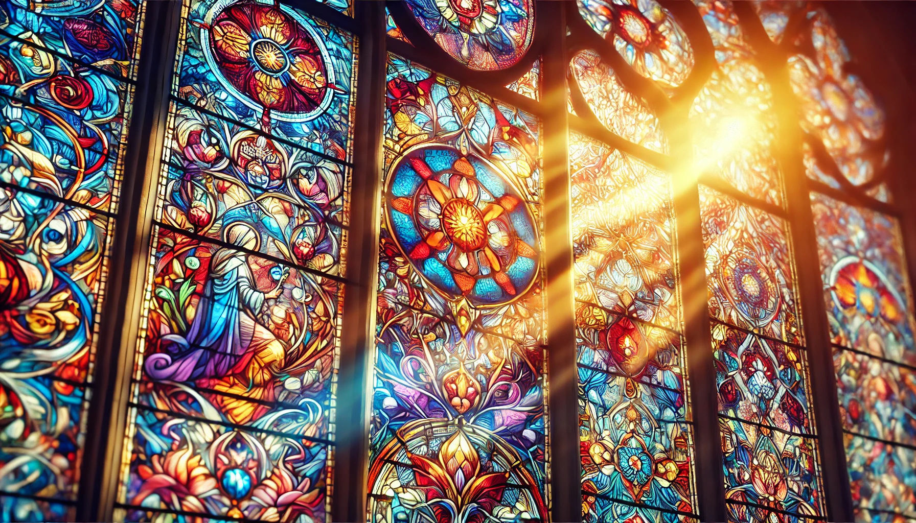 Close-up of colorful stained glass windows with sunlight creating vibrant reflections, emphasizing intricate patterns in a worship space.