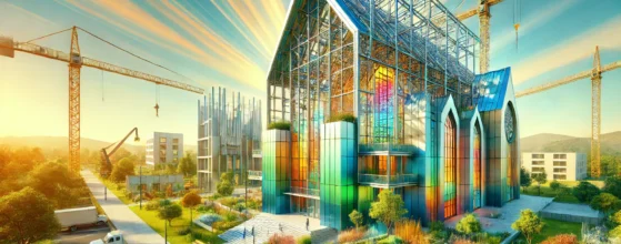 A modern church under construction featuring steel frameworks, cranes, and green spaces with vibrant colors representing emerging trends in architecture.