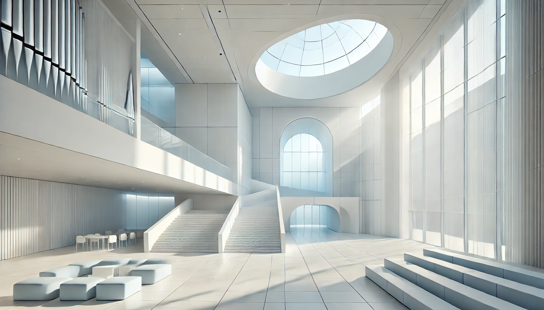 A modern church design with large open spaces, glass walls, skylights, and curved structures, bathed in natural light