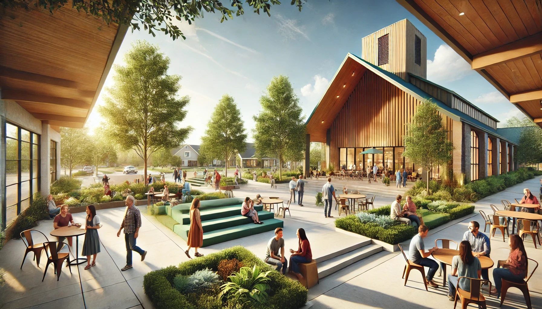 Community-focused church design with open courtyard, green landscaping, seating areas, and people interacting in a welcoming space.