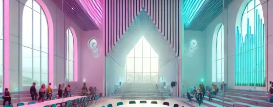 A futuristic, modern church interior with flexible, multi-purpose spaces, featuring movable partitions, versatile seating, and open spaces for worship and events. The design uses vibrant Vapourwave-inspired colors like pink, magenta, purple, and blue