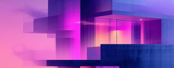 Abstract architectural structure with neon lights in a purple, pink, and blue gradient, set against a dreamy, foggy sky.