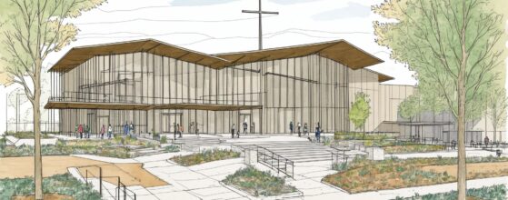 Hand-drawn architectural sketch of a modern church facility with large glass windows, open pathways, landscaped surroundings, and a cross on the roof.