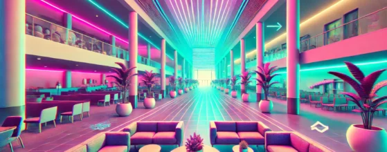 Vapourwave-inspired church lobby with open hallways, comfortable seating clusters, and neon lighting, leading to other building areas.