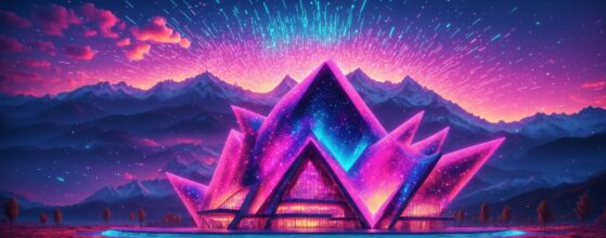 A futuristic architectural structure with glowing neon accents, set against a mountain backdrop with a vibrant sky and light rays.