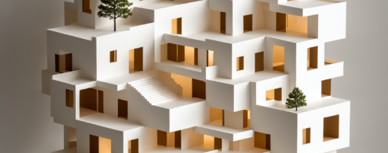 A modern architectural scale model made of white cardboard and wooden accents, featuring terraces, trees, and minimalist design elements with soft lighting.