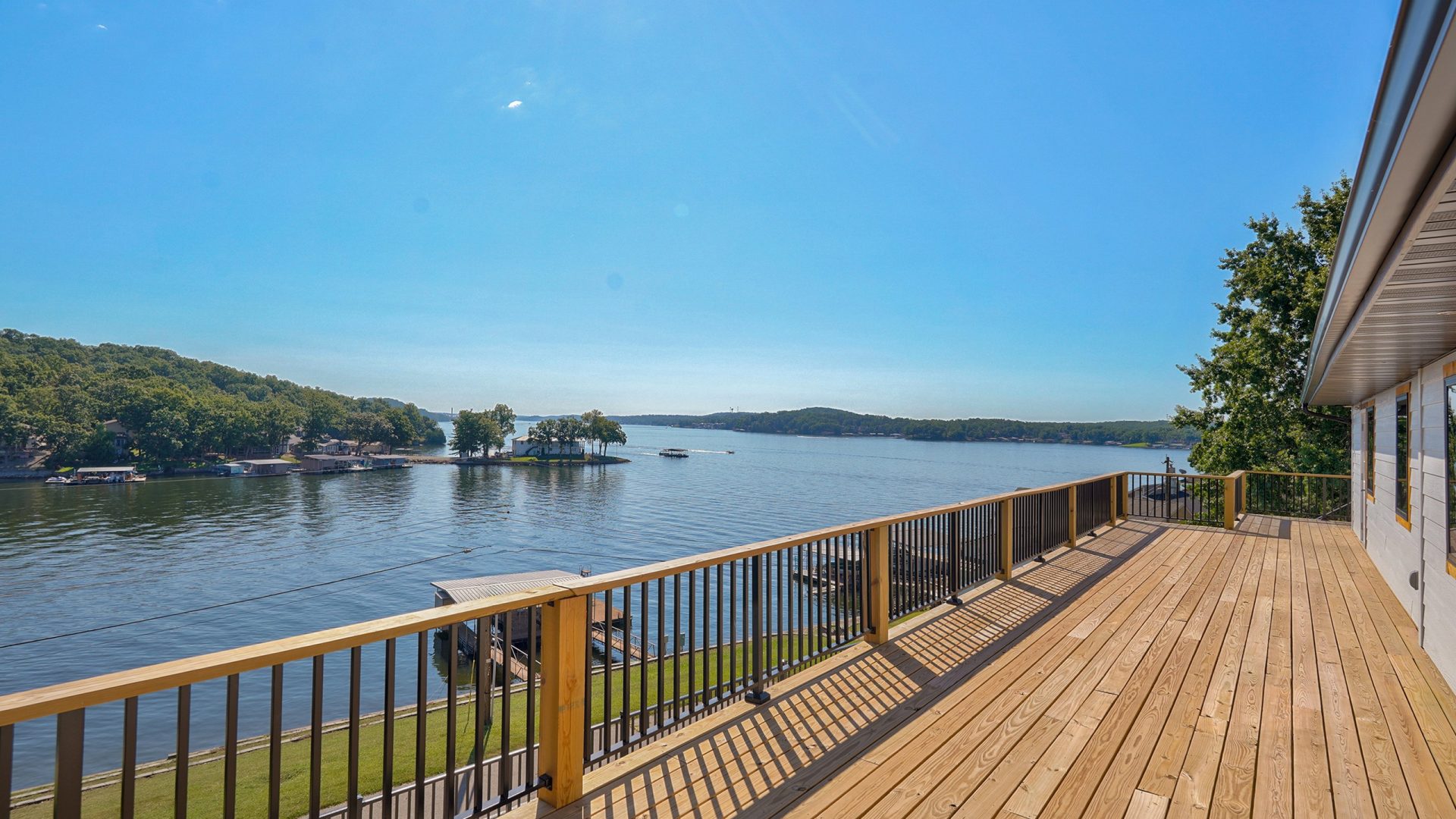 Lakeview wooden deck at Crosspointe Camp in Rocky Mount, MO