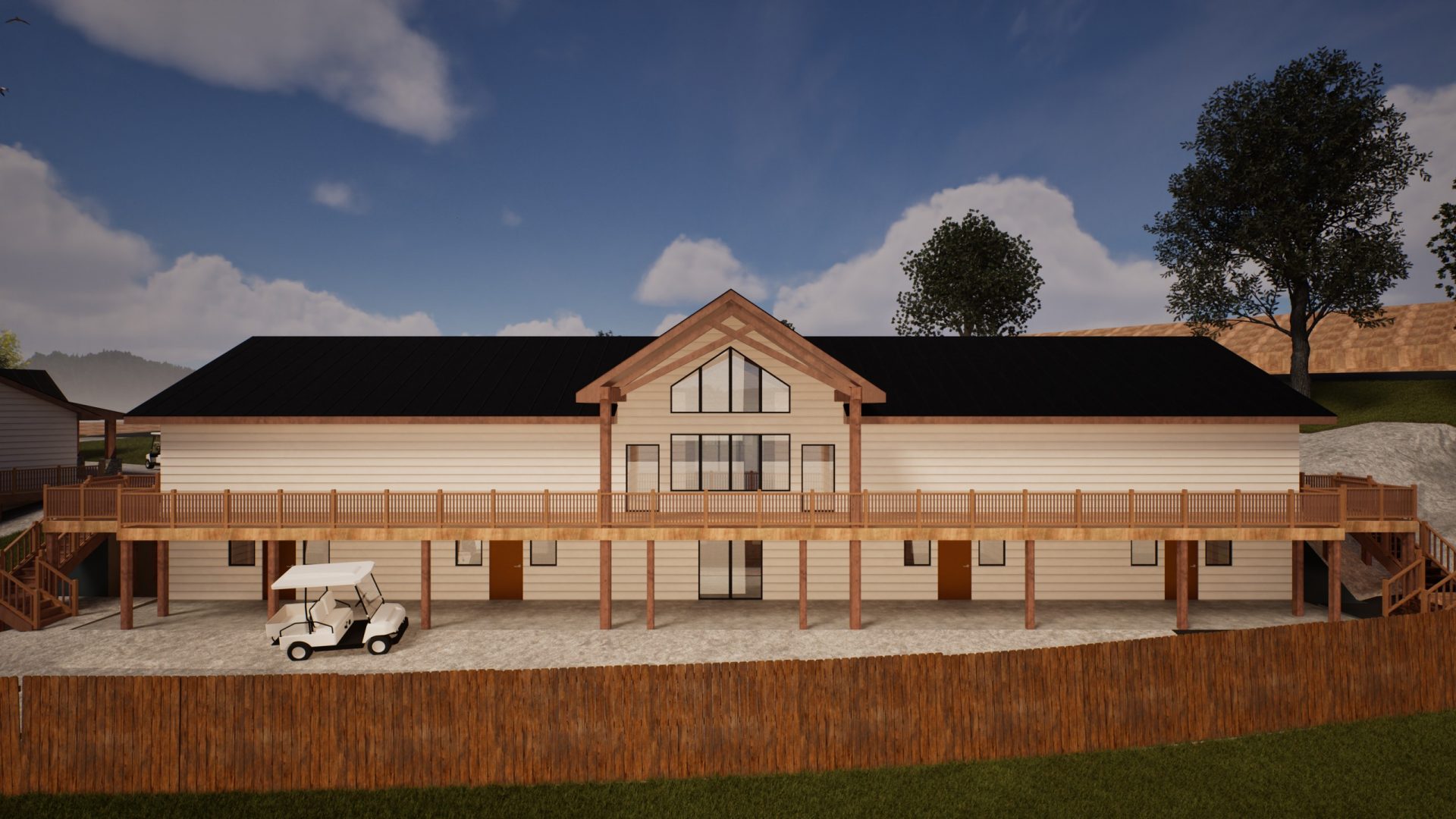 Rendering of Crosspointe Camp lodge with wooden deck in Rocky Mount, MO