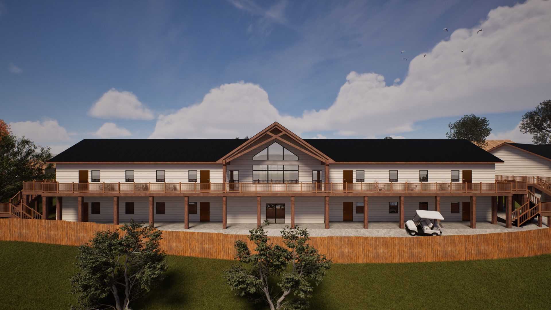 Rendering of Crosspointe Camp lodge in Rocky Mount, MO with wooden balconies