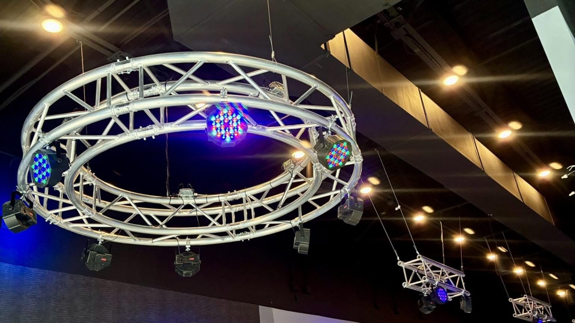 Interior construction of Rock N Roll Sushi in Oxford, MS with truss stage lighting