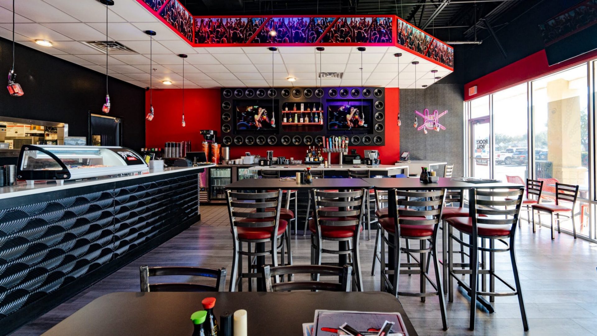 Interior dining room and sushi bar of Rock N Roll Sushi restaurant